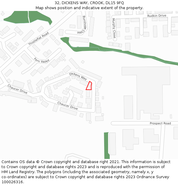 32, DICKENS WAY, CROOK, DL15 9FQ: Location map and indicative extent of plot