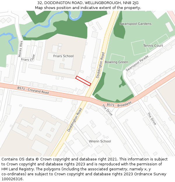 32, DODDINGTON ROAD, WELLINGBOROUGH, NN8 2JG: Location map and indicative extent of plot