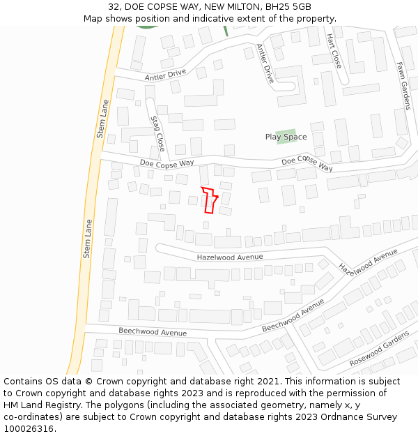 32, DOE COPSE WAY, NEW MILTON, BH25 5GB: Location map and indicative extent of plot