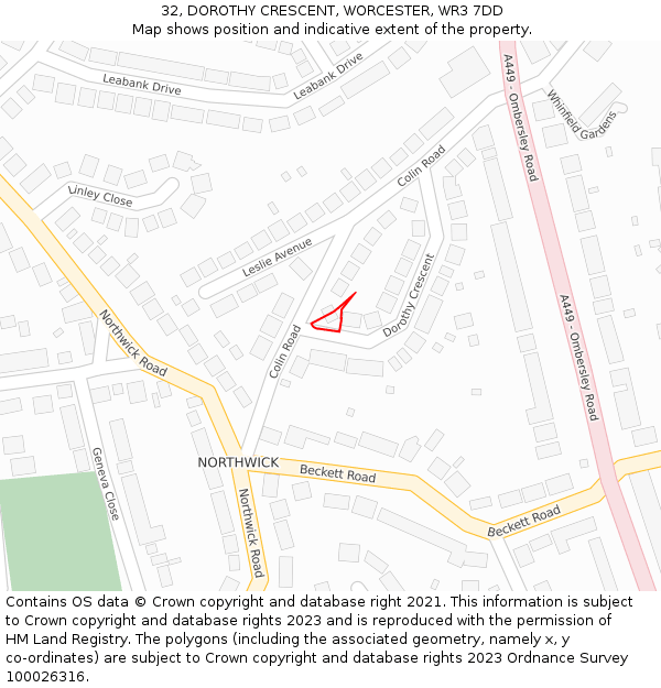 32, DOROTHY CRESCENT, WORCESTER, WR3 7DD: Location map and indicative extent of plot