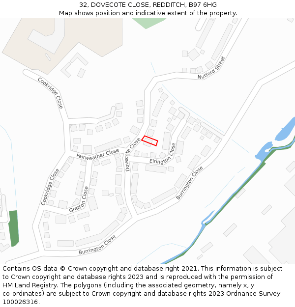 32, DOVECOTE CLOSE, REDDITCH, B97 6HG: Location map and indicative extent of plot