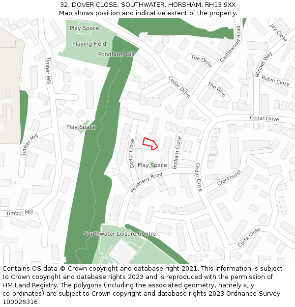 32, DOVER CLOSE, SOUTHWATER, HORSHAM, RH13 9XX: Location map and indicative extent of plot