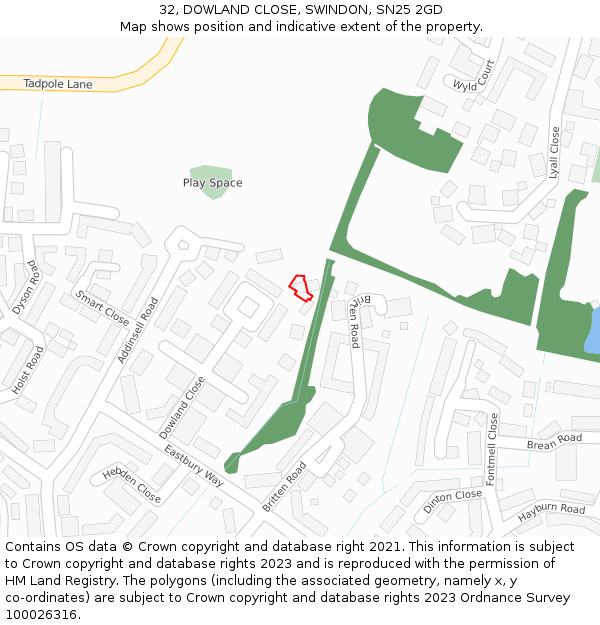 32, DOWLAND CLOSE, SWINDON, SN25 2GD: Location map and indicative extent of plot