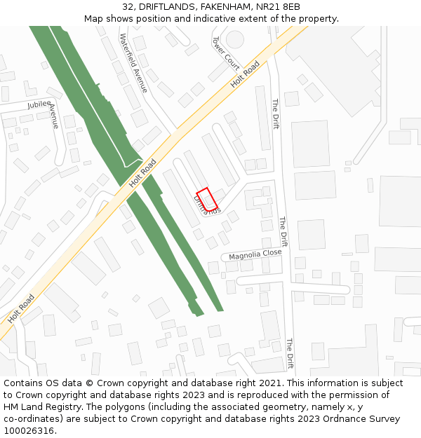 32, DRIFTLANDS, FAKENHAM, NR21 8EB: Location map and indicative extent of plot