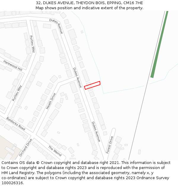 32, DUKES AVENUE, THEYDON BOIS, EPPING, CM16 7HE: Location map and indicative extent of plot