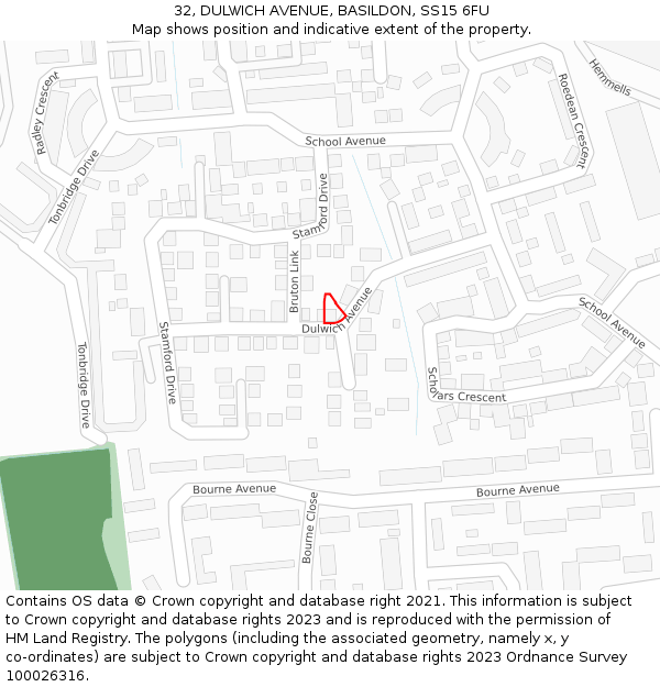 32, DULWICH AVENUE, BASILDON, SS15 6FU: Location map and indicative extent of plot