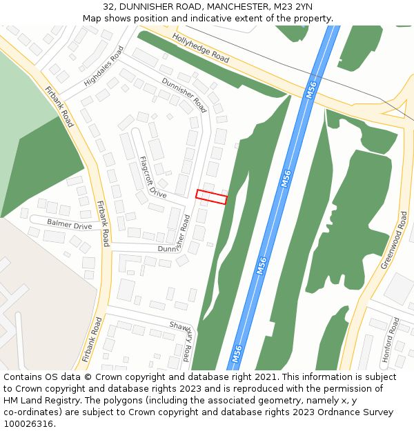 32, DUNNISHER ROAD, MANCHESTER, M23 2YN: Location map and indicative extent of plot