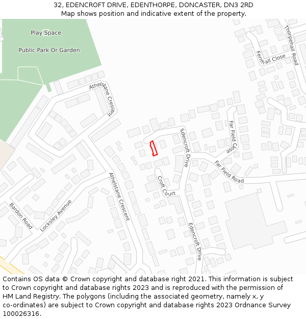 32, EDENCROFT DRIVE, EDENTHORPE, DONCASTER, DN3 2RD: Location map and indicative extent of plot