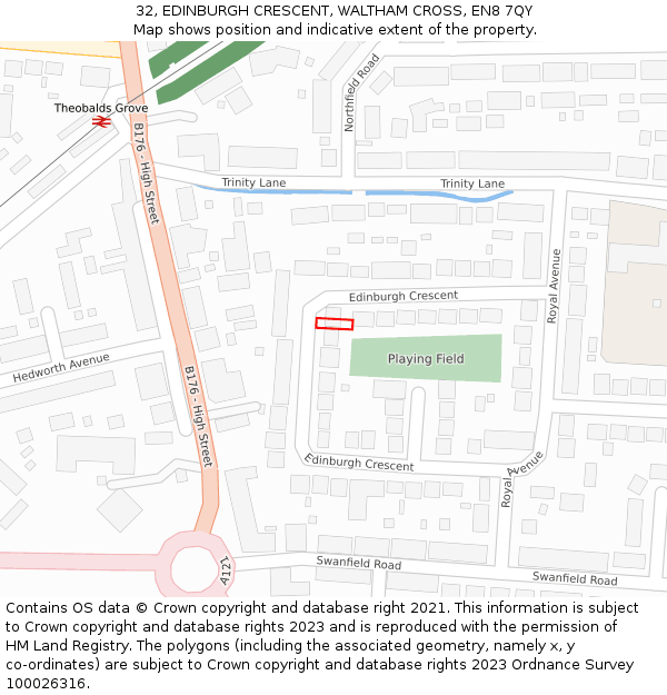 32, EDINBURGH CRESCENT, WALTHAM CROSS, EN8 7QY: Location map and indicative extent of plot