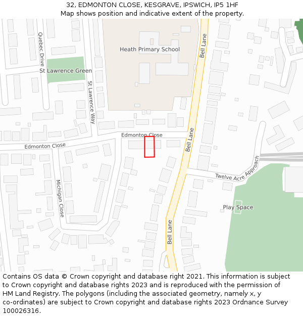 32, EDMONTON CLOSE, KESGRAVE, IPSWICH, IP5 1HF: Location map and indicative extent of plot