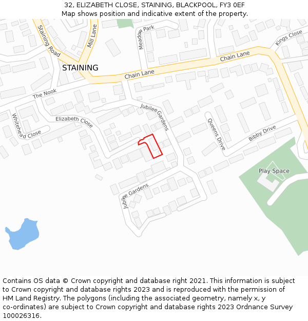 32, ELIZABETH CLOSE, STAINING, BLACKPOOL, FY3 0EF: Location map and indicative extent of plot