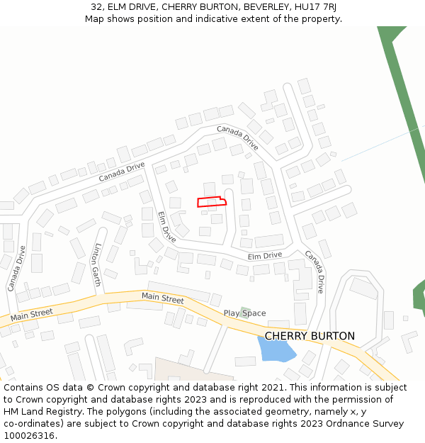 32, ELM DRIVE, CHERRY BURTON, BEVERLEY, HU17 7RJ: Location map and indicative extent of plot
