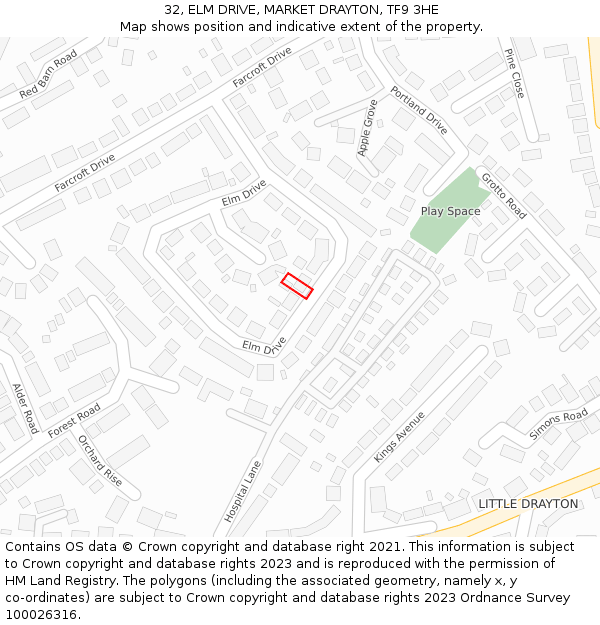 32, ELM DRIVE, MARKET DRAYTON, TF9 3HE: Location map and indicative extent of plot