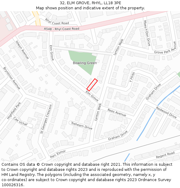 32, ELM GROVE, RHYL, LL18 3PE: Location map and indicative extent of plot