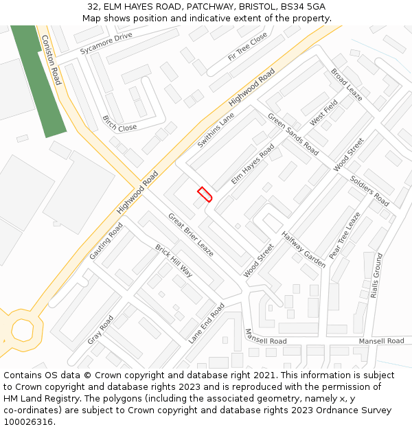 32, ELM HAYES ROAD, PATCHWAY, BRISTOL, BS34 5GA: Location map and indicative extent of plot