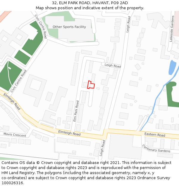 32, ELM PARK ROAD, HAVANT, PO9 2AD: Location map and indicative extent of plot