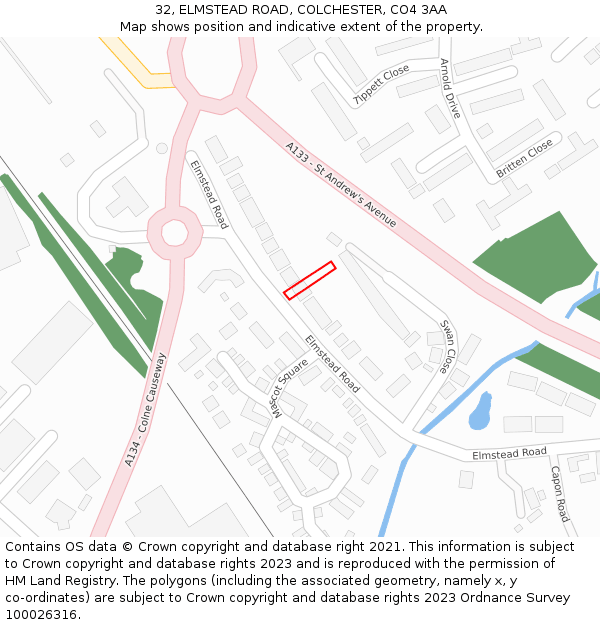 32, ELMSTEAD ROAD, COLCHESTER, CO4 3AA: Location map and indicative extent of plot