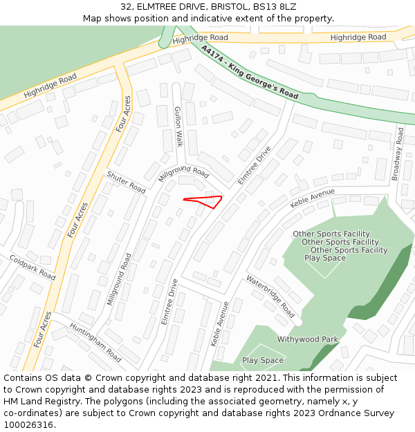 32, ELMTREE DRIVE, BRISTOL, BS13 8LZ: Location map and indicative extent of plot