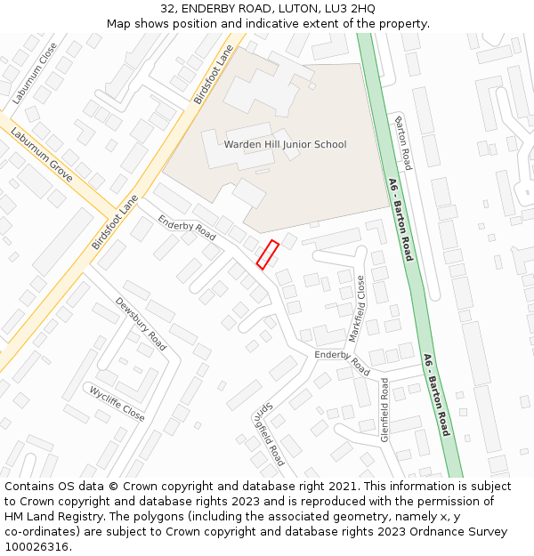 32, ENDERBY ROAD, LUTON, LU3 2HQ: Location map and indicative extent of plot