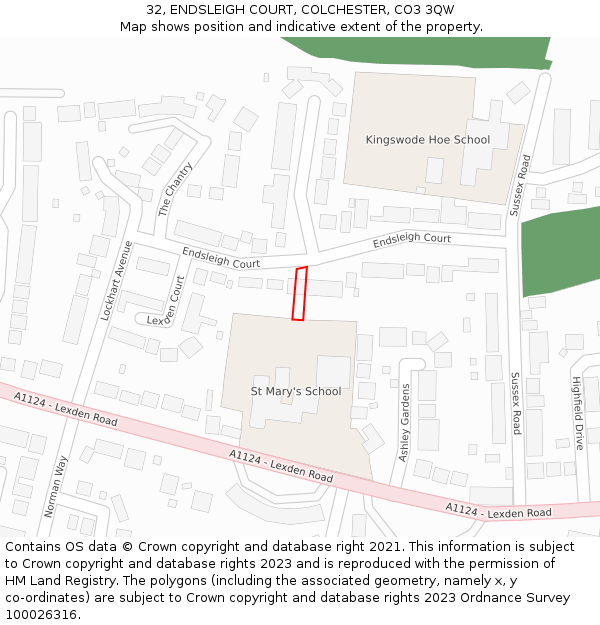 32, ENDSLEIGH COURT, COLCHESTER, CO3 3QW: Location map and indicative extent of plot