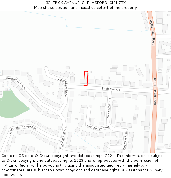 32, ERICK AVENUE, CHELMSFORD, CM1 7BX: Location map and indicative extent of plot