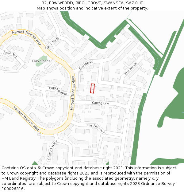 32, ERW WERDD, BIRCHGROVE, SWANSEA, SA7 0HF: Location map and indicative extent of plot