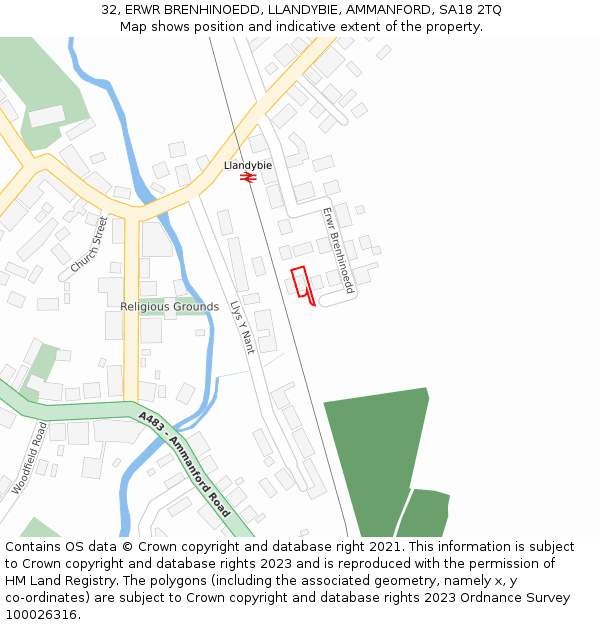 32, ERWR BRENHINOEDD, LLANDYBIE, AMMANFORD, SA18 2TQ: Location map and indicative extent of plot