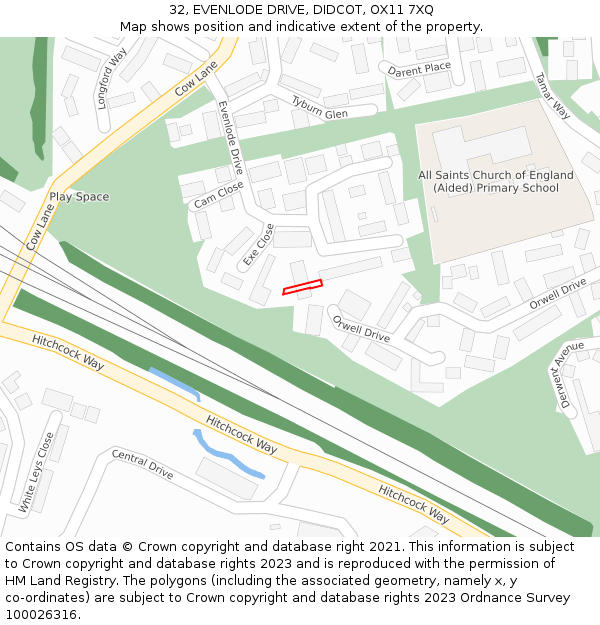 32, EVENLODE DRIVE, DIDCOT, OX11 7XQ: Location map and indicative extent of plot