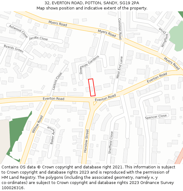 32, EVERTON ROAD, POTTON, SANDY, SG19 2PA: Location map and indicative extent of plot