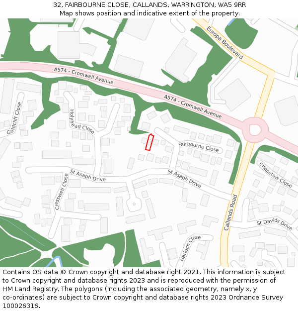 32, FAIRBOURNE CLOSE, CALLANDS, WARRINGTON, WA5 9RR: Location map and indicative extent of plot