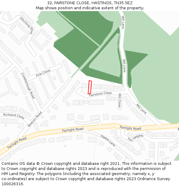 32, FAIRSTONE CLOSE, HASTINGS, TN35 5EZ: Location map and indicative extent of plot