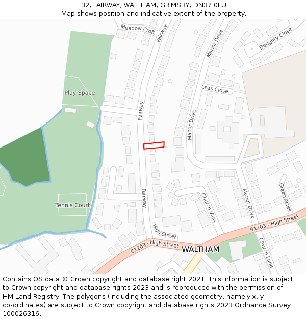 32, FAIRWAY, WALTHAM, GRIMSBY, DN37 0LU: Location map and indicative extent of plot