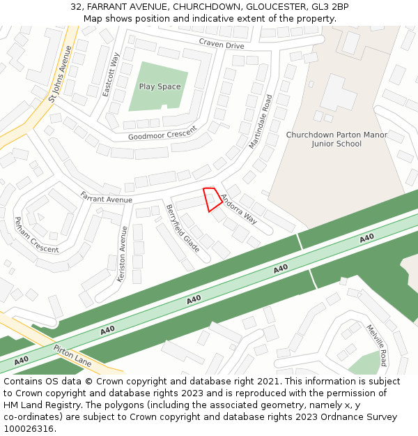 32, FARRANT AVENUE, CHURCHDOWN, GLOUCESTER, GL3 2BP: Location map and indicative extent of plot