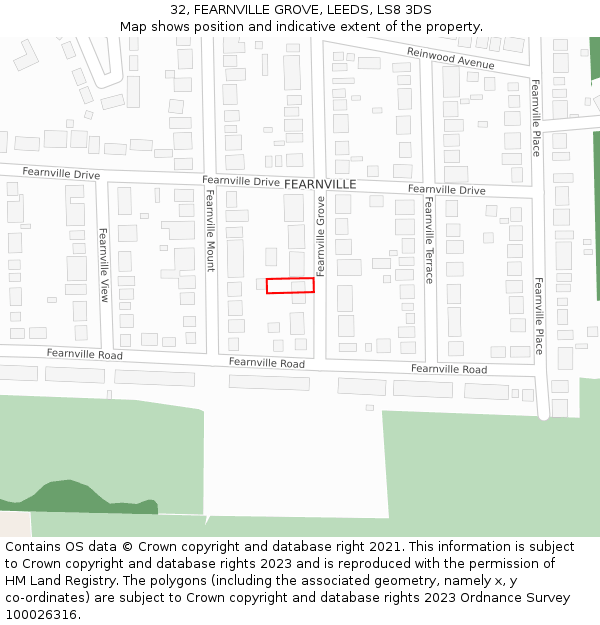 32, FEARNVILLE GROVE, LEEDS, LS8 3DS: Location map and indicative extent of plot