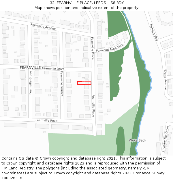 32, FEARNVILLE PLACE, LEEDS, LS8 3DY: Location map and indicative extent of plot