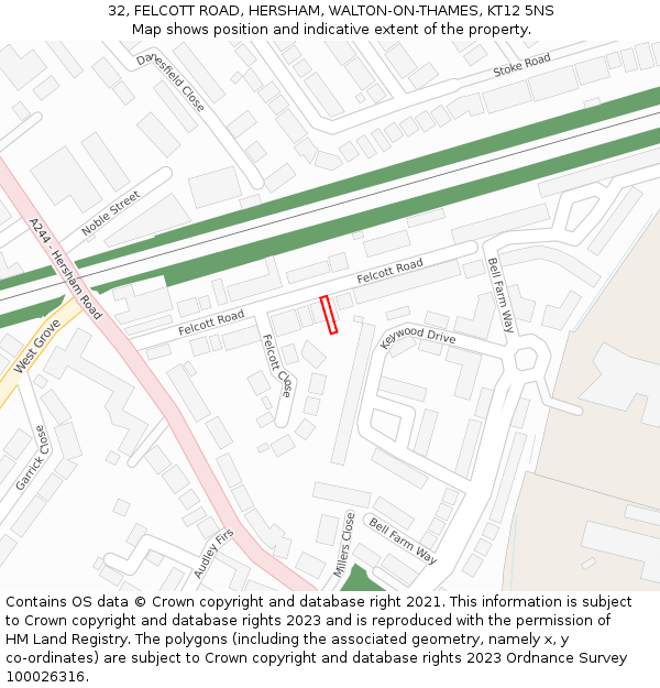 32, FELCOTT ROAD, HERSHAM, WALTON-ON-THAMES, KT12 5NS: Location map and indicative extent of plot