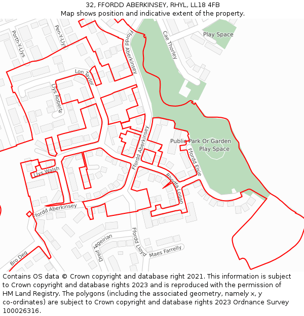 32, FFORDD ABERKINSEY, RHYL, LL18 4FB: Location map and indicative extent of plot