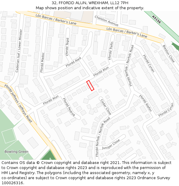 32, FFORDD ALUN, WREXHAM, LL12 7PH: Location map and indicative extent of plot