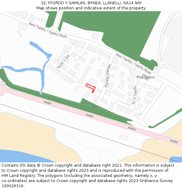 32, FFORDD Y GAMLAS, BYNEA, LLANELLI, SA14 9AY: Location map and indicative extent of plot