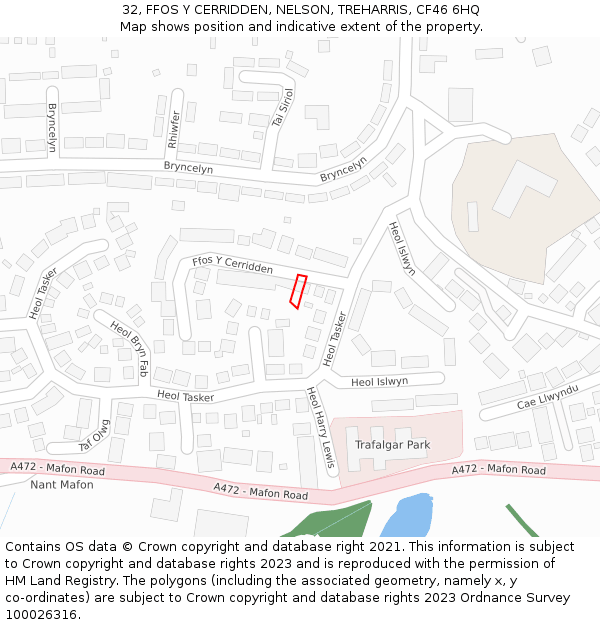 32, FFOS Y CERRIDDEN, NELSON, TREHARRIS, CF46 6HQ: Location map and indicative extent of plot