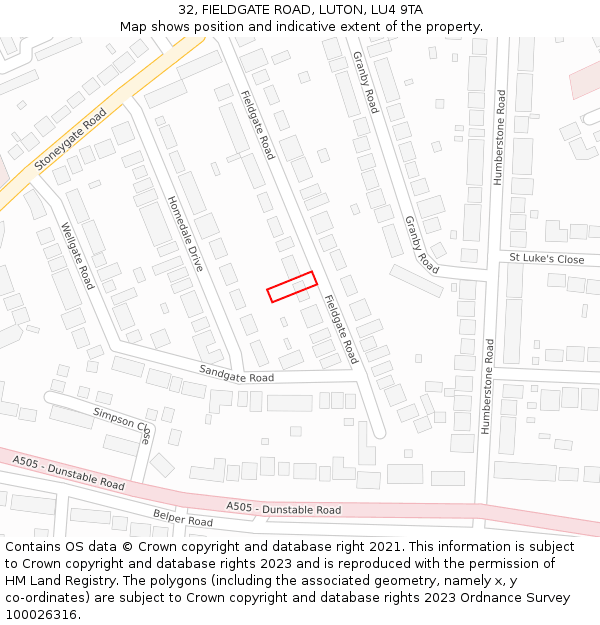 32, FIELDGATE ROAD, LUTON, LU4 9TA: Location map and indicative extent of plot