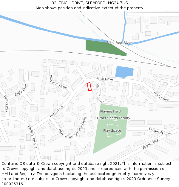 32, FINCH DRIVE, SLEAFORD, NG34 7US: Location map and indicative extent of plot