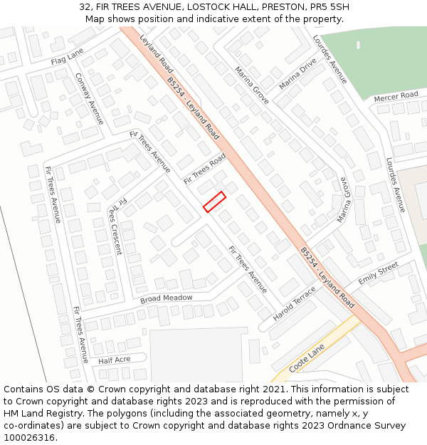 32, FIR TREES AVENUE, LOSTOCK HALL, PRESTON, PR5 5SH: Location map and indicative extent of plot