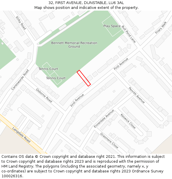 32, FIRST AVENUE, DUNSTABLE, LU6 3AL: Location map and indicative extent of plot