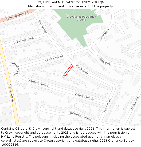 32, FIRST AVENUE, WEST MOLESEY, KT8 2QN: Location map and indicative extent of plot