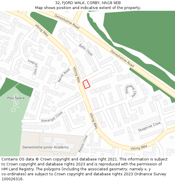 32, FJORD WALK, CORBY, NN18 9EB: Location map and indicative extent of plot