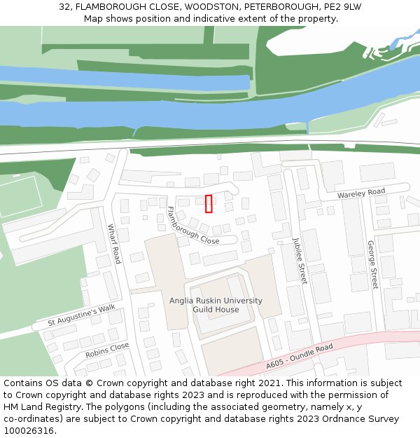 32, FLAMBOROUGH CLOSE, WOODSTON, PETERBOROUGH, PE2 9LW: Location map and indicative extent of plot