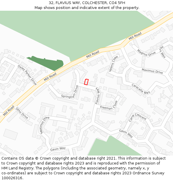 32, FLAVIUS WAY, COLCHESTER, CO4 5FH: Location map and indicative extent of plot