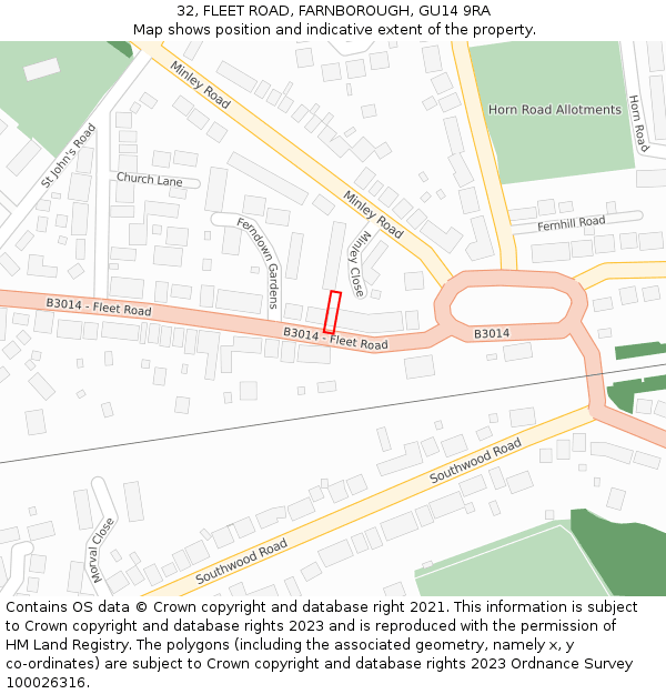 32, FLEET ROAD, FARNBOROUGH, GU14 9RA: Location map and indicative extent of plot