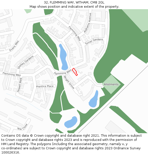 32, FLEMMING WAY, WITHAM, CM8 2GL: Location map and indicative extent of plot